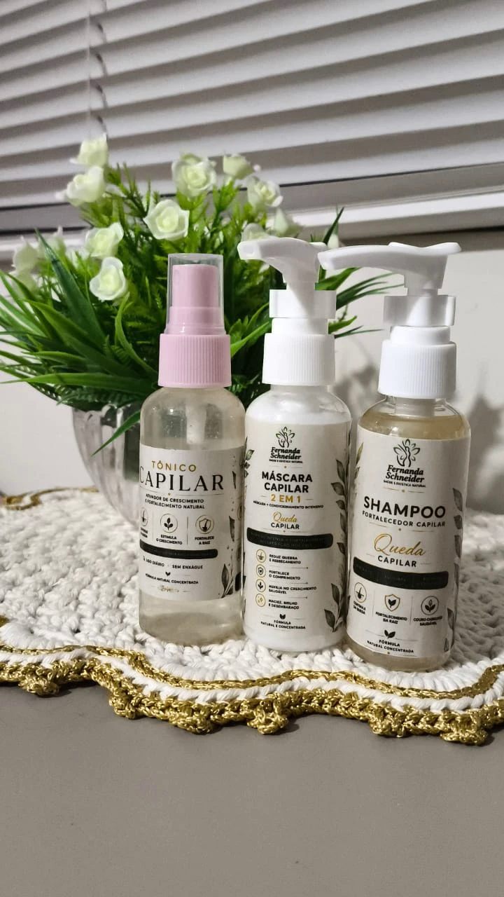 Tônico capilar, máscara capilar 2 em 1 e shampoo fortalecedor para queda capilar